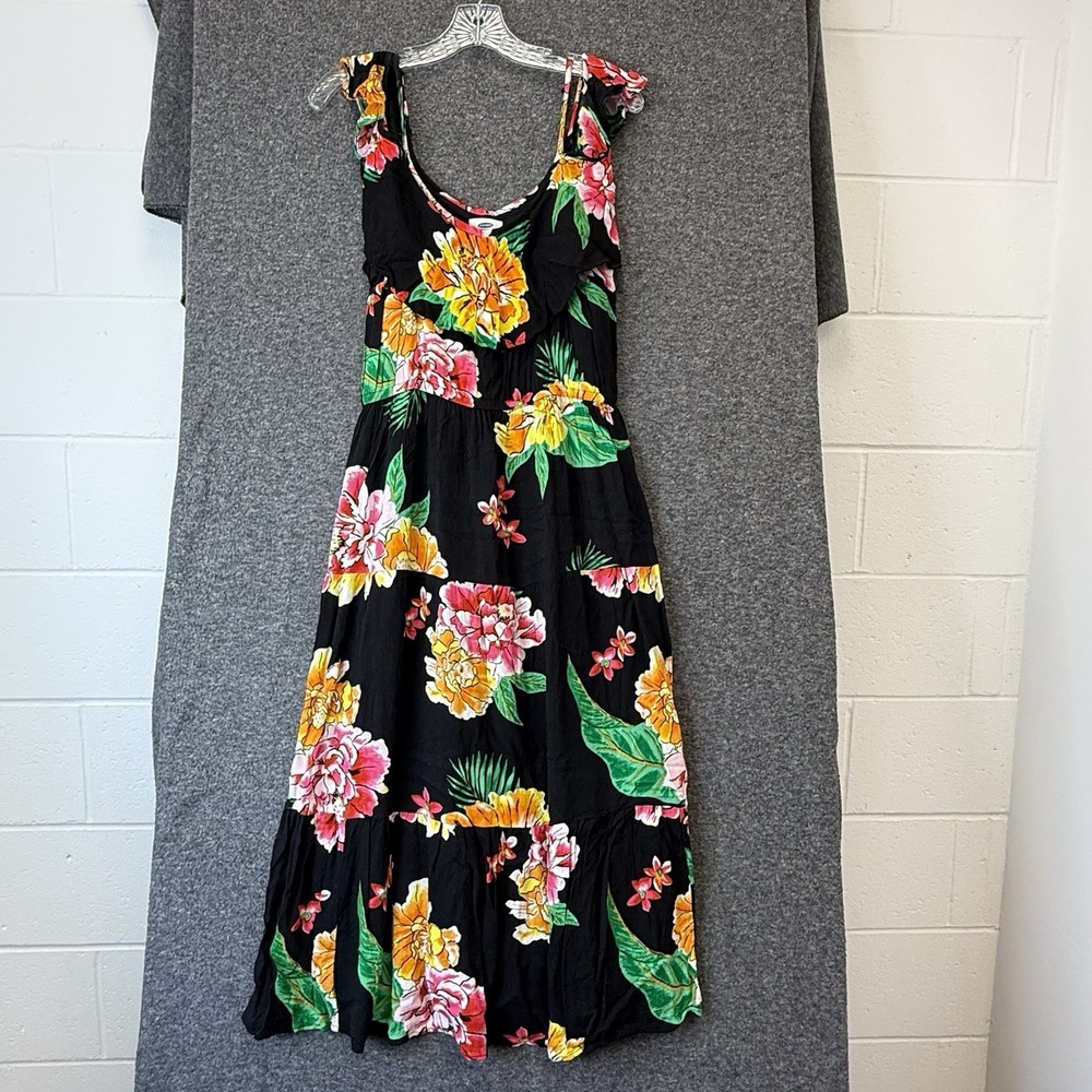Old Navy Maxi Dress Womens Medium Black Cruise Tropical Vacation Floral Resort